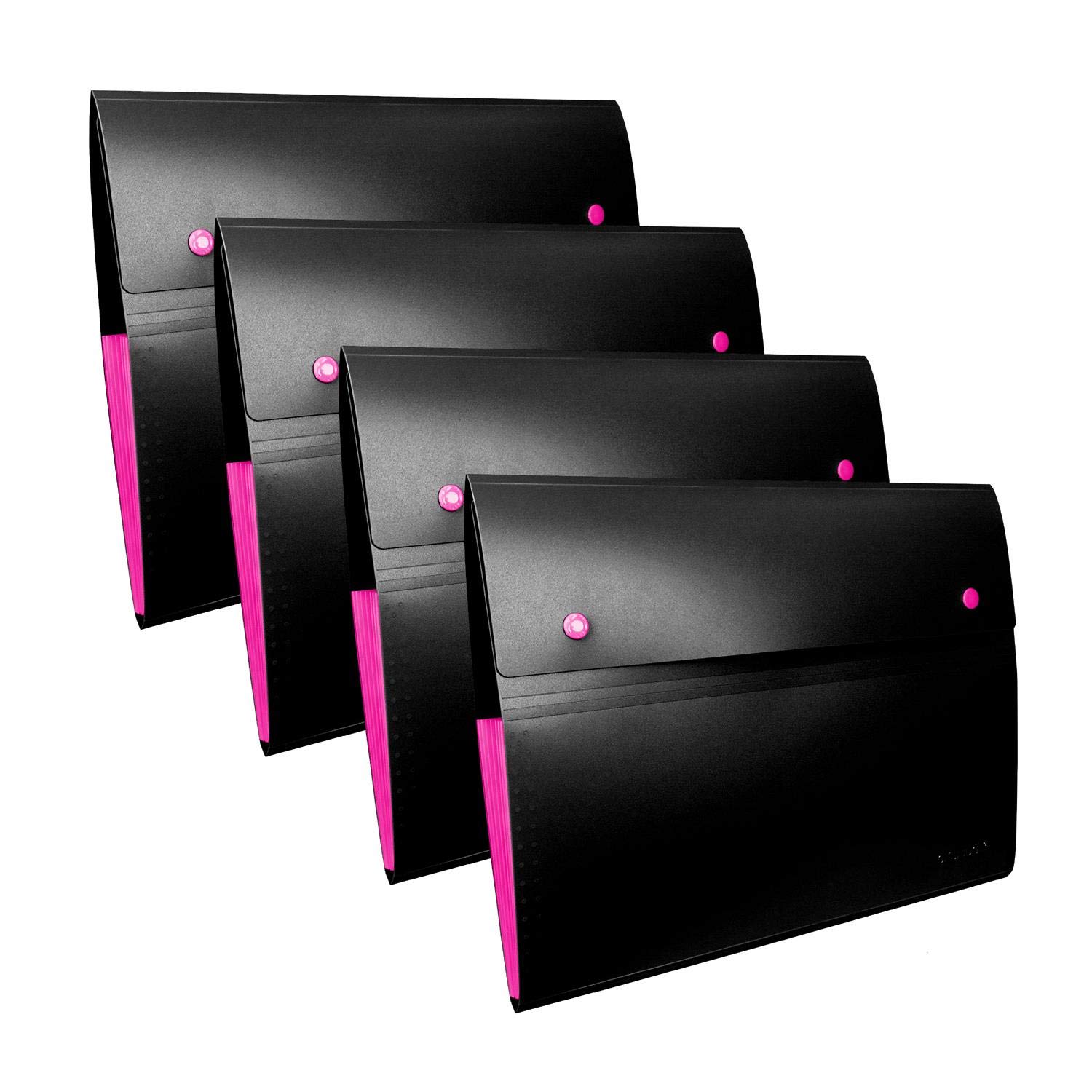 Oxbridge Expanding A4 File Folder 8 Pocket Plastic Accordion File Organiser - Black, Set of 4 - Suitable for Home, School or Office Use.