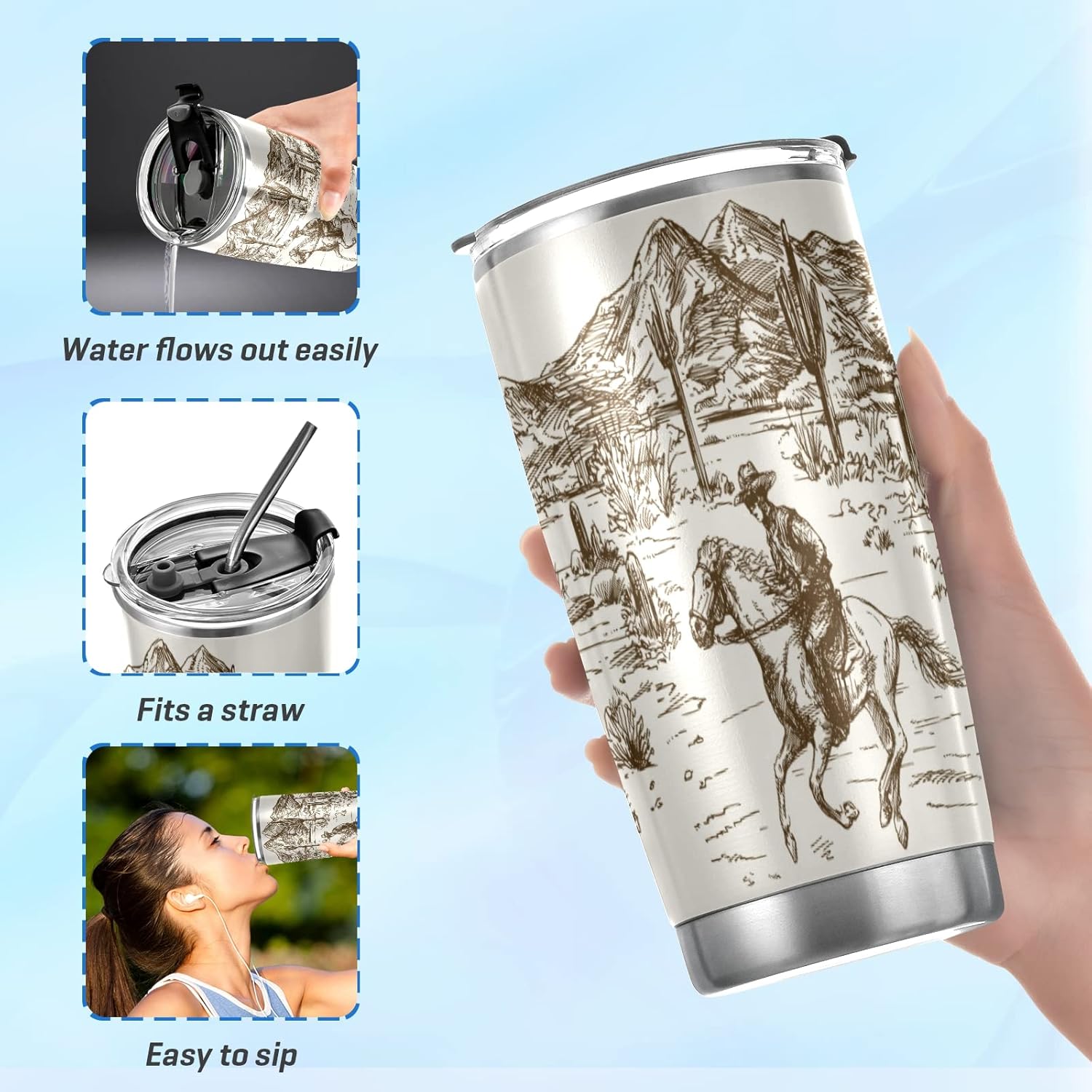 xigua 20oz Western Desert Cowboy Tumbler with Lid,Stainless Steel Vacuum Insulated Coffee Ice Cup Double Wall Travel Flask - Image 6
