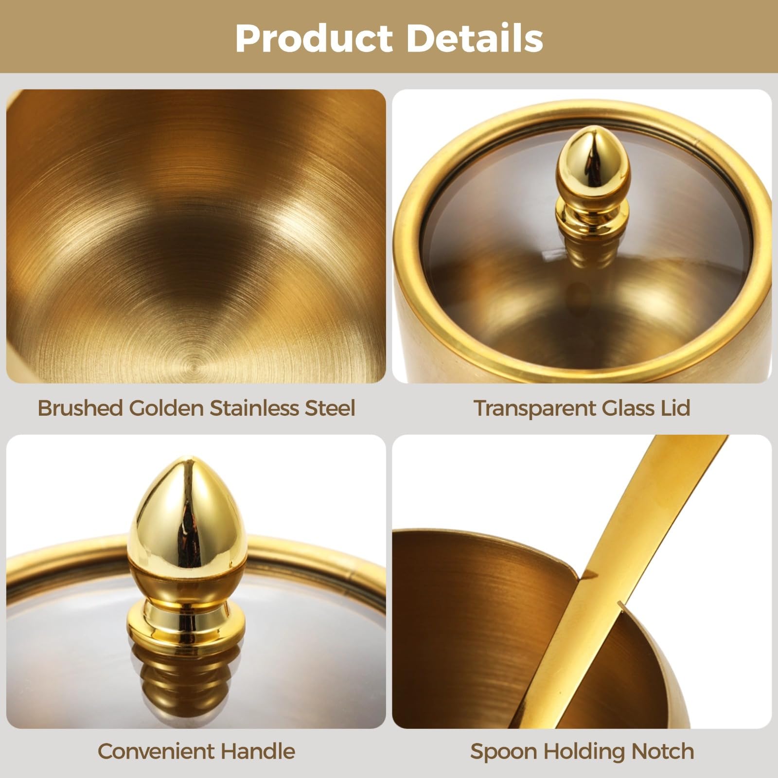 Set of 4 Golden Stainless Steel Sugar Bowls with Lids, Spoons, and Spice Labels, Condiment Containers for Kitchen Countertops and Coffee Stations