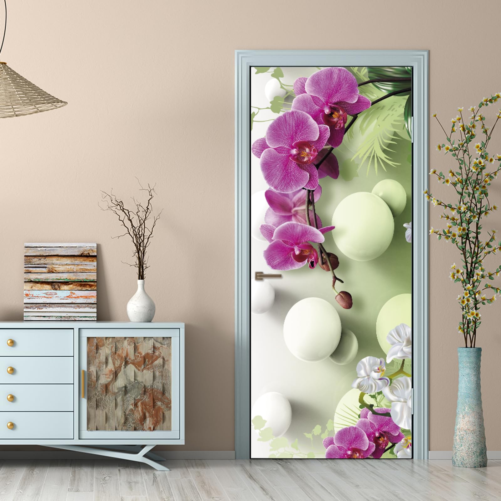 Sticker Porte Vitrail Fleur Violet Bleu - Autocollant Amovible Imperméable 86x200cm Pour Décoration Murale