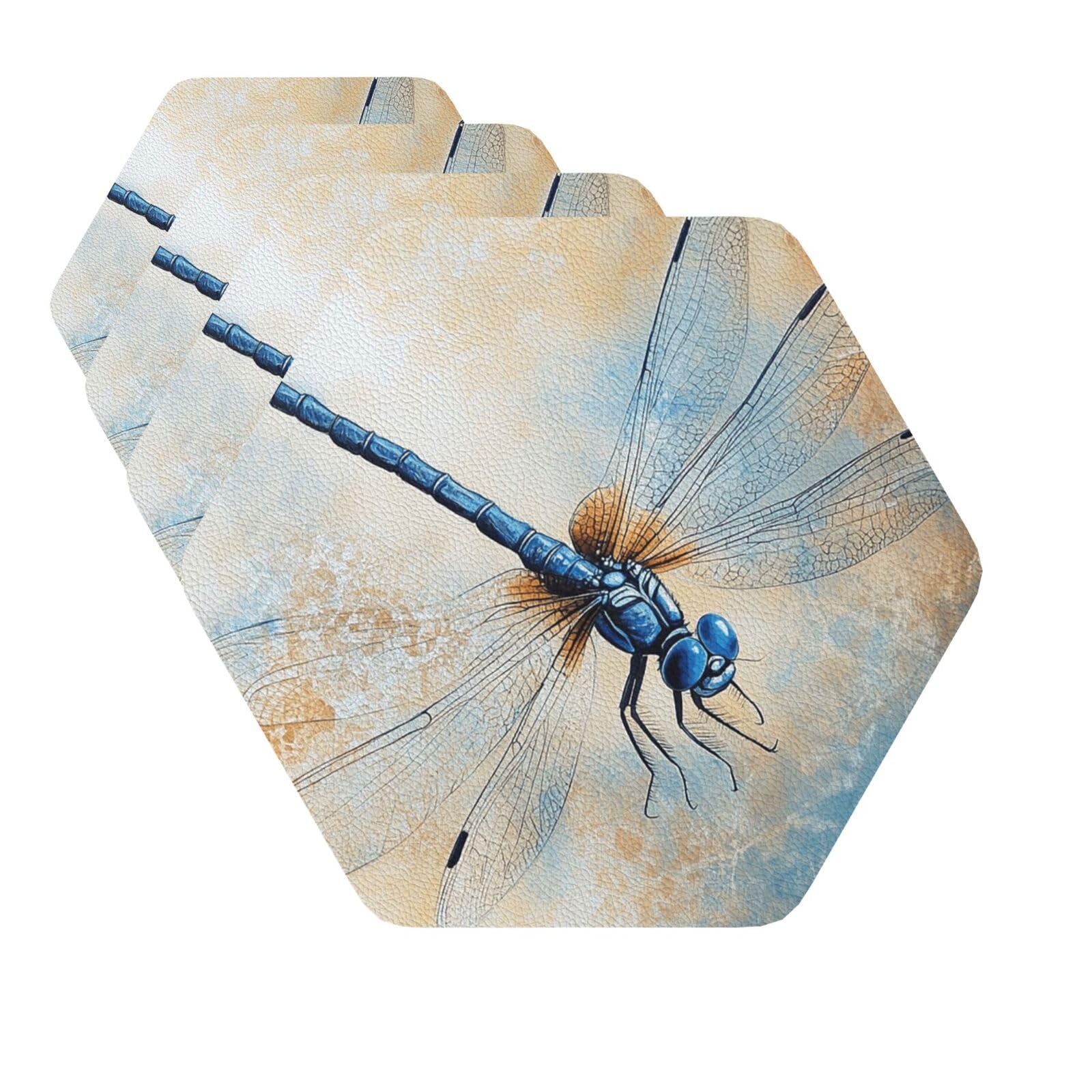 Drink Coasters Set of 4 Quick-Dry Leather Coaster Blue Dragonfly Coasters for Drinks Coffee Cup Mat Tabletop Protection Heat Resistant Coaster for Kitchen Bar Office Home Decor