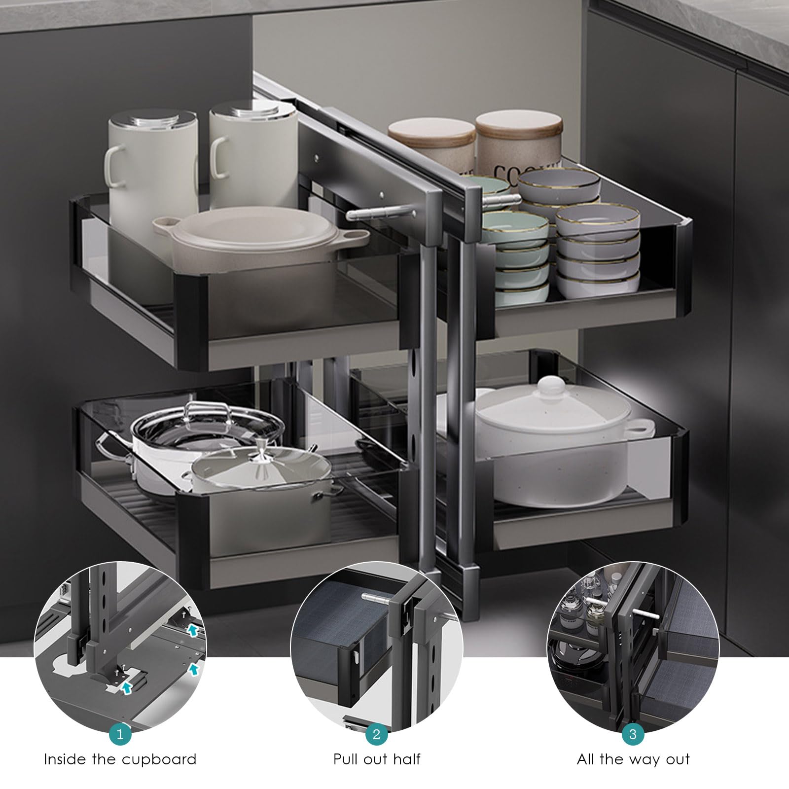 Ausziehbarer Eckorganizer für Küche mit 4 Körben, für linke & rechte Türen (ab 405mm), 2-stufiges Schienensystem, Unterbau-Montage, platzsparend für Familie