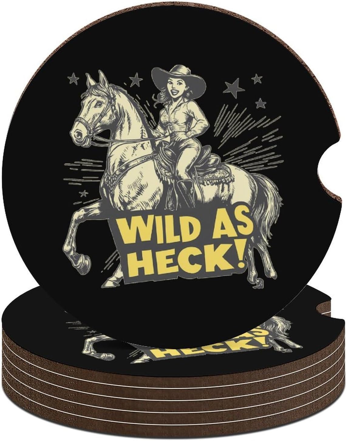 Wild As Heck Vintage Cowgirl Ride Horse Car Cup Holder Coaster with Cork Base 2.6 Inches Anti Slip
