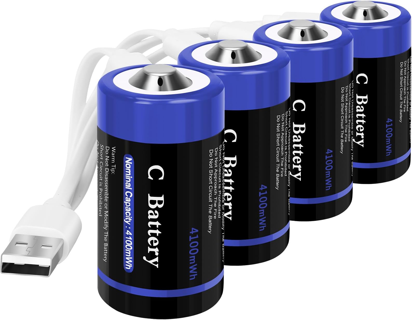 wowpower Rechargeable C Cell Batteries with USB-C Charging Cable, 1.5v Lithium LR14 C Size Battery for Flashlight 4 Pack