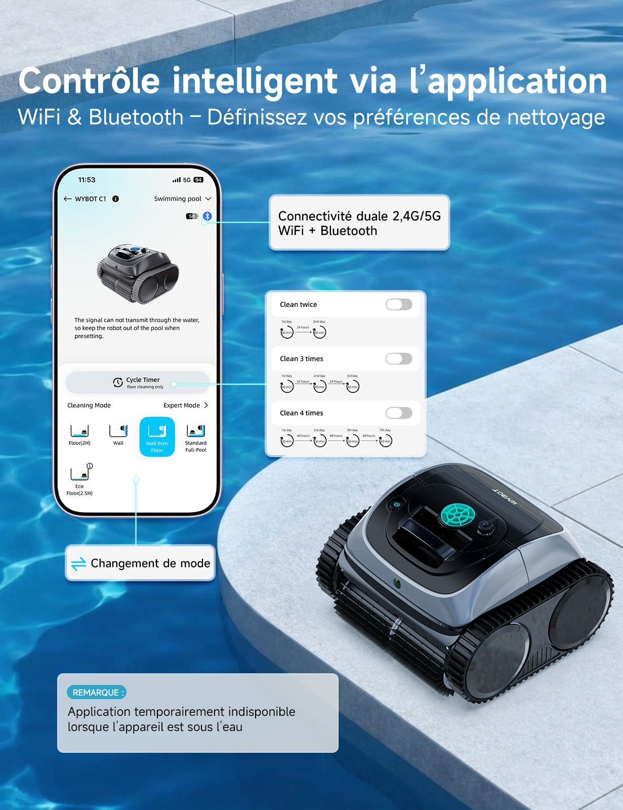 WYBOT C1-P robot piscine sans fil – Aspirateur 4-en-1 (robot piscine hors sol & enterrée) : robot piscine fond et parois, aspiration renforcée, 5 modes, navigation+APP, jusqu’à 155m² – Vert Acier Jade
