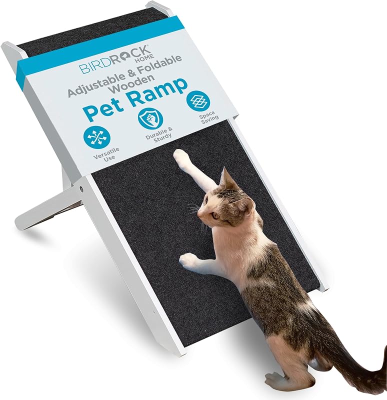 Rampa Ajustável para Cães Pequenos, Gatos e Filhotes BIRDROCK HOME de Madeira com Carpete Antiderrapante, Branca, 33 cm
