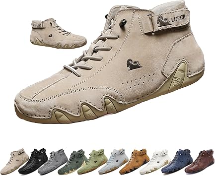 Italian Men's Handmade Suede High Boots, Beck Shoes Waterproof Casual Fashion Boots Slip On Non Slip Comfortable Lightweight Outdoor Barefoot Shoes for Hiking & Driving  Color Khaki , Size 43 EU