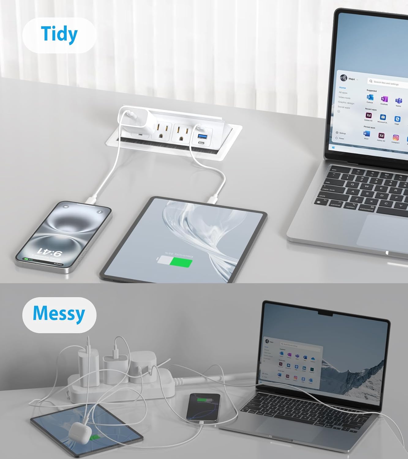 Recessed Conference Table Power Hub with 20W USB-C PD Fast Charging, Flush Mounted for Desks, Kitchens & RVs, 6FT Power Cord (White)