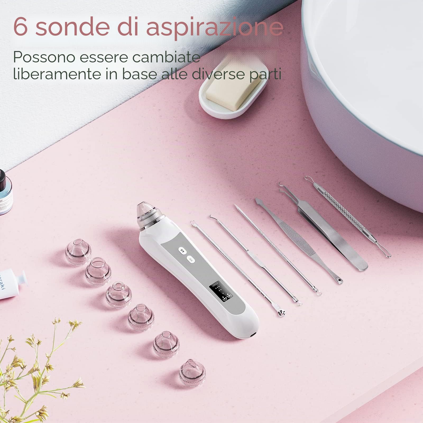 Aspirapolvere per la rimozione dei punti neri, per viso con fotocamera, aspirapolvere per pori per uomini e donne, strumenti di rimozione dei punti neri, 6 testine di aspirazione e 3 modalità di