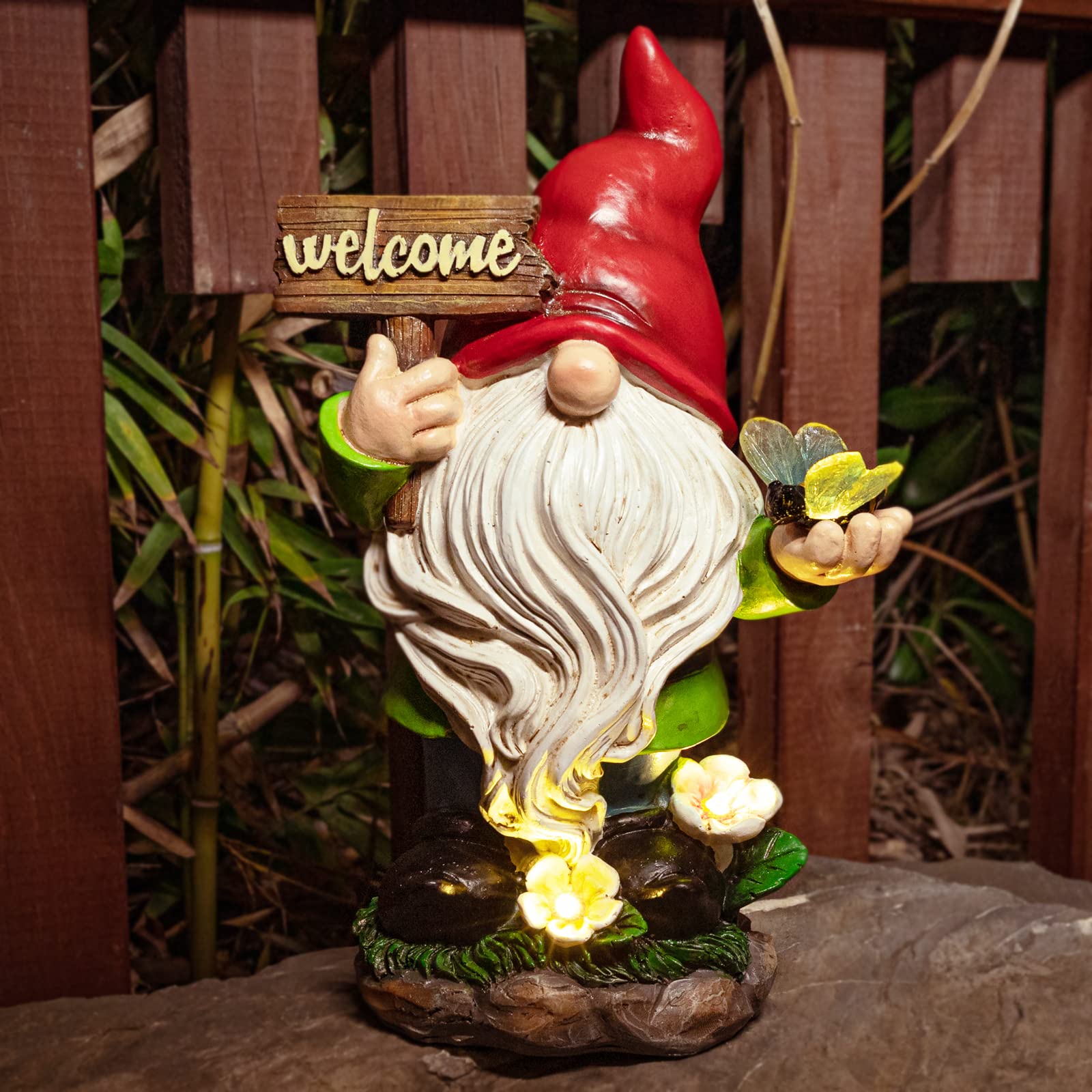 Ovewios Garden Gnomes Statue with Solar Lights, Large Garden Gnome Outdoor Funny Figurines Holding Welcome Sign and Bee Garden Decor for Outside Patio Yard Lawn Sculpture Ornament Gifts