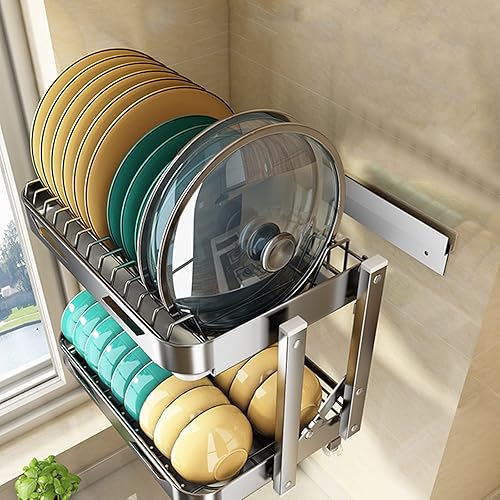 Miniatura 5 de Escurridor de platos de cocina de acero inoxidable montado en la pared con bandeja de drenaje, estante plegable para platos, tablas de cortar,