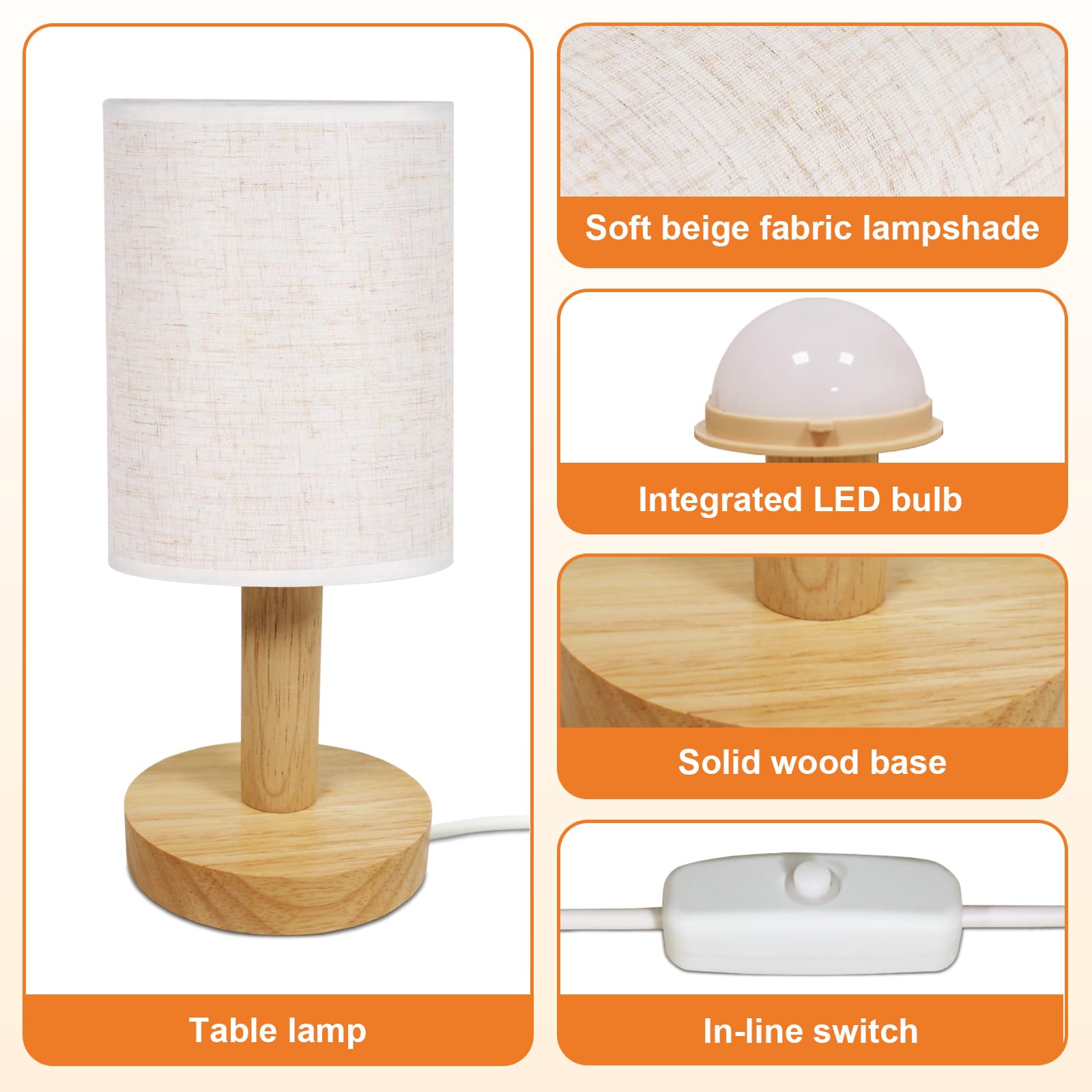 Piccola lampada da comodino con alimentazione USB, base in legno rustico minimalista e paralume in lino, luce notturna calda 2700 K, lampada da comodino bohémien, per camera da letto