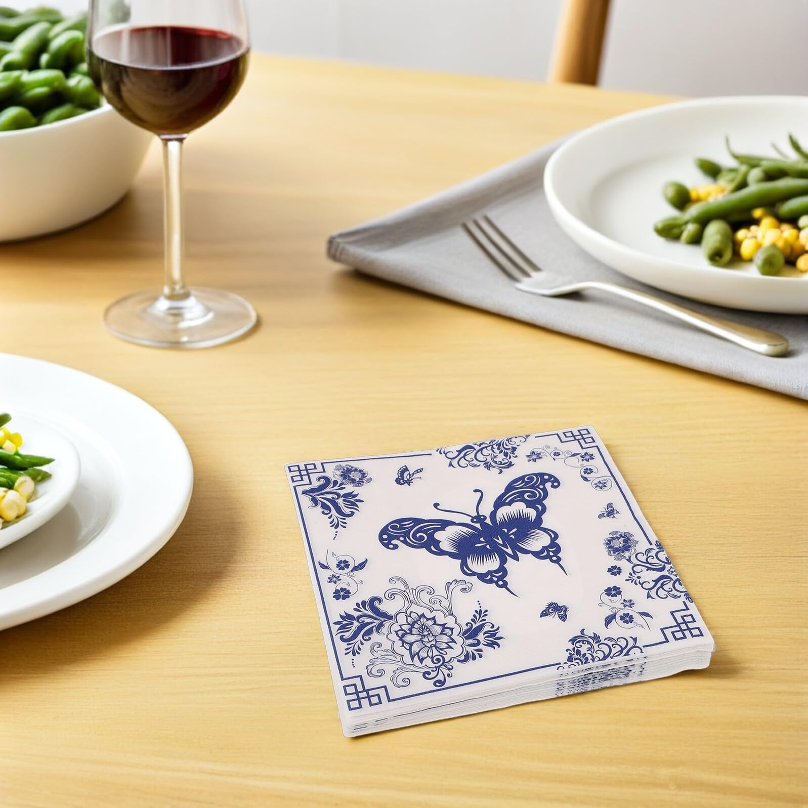 Servilletas de Papel Desechables Chinoiserie Azul para Fiestas y Banquetes, 5 Paquetes de 100 Unidades, Toallas de Mesa Absorbentes para Bodas, Despedidas de Soltera y