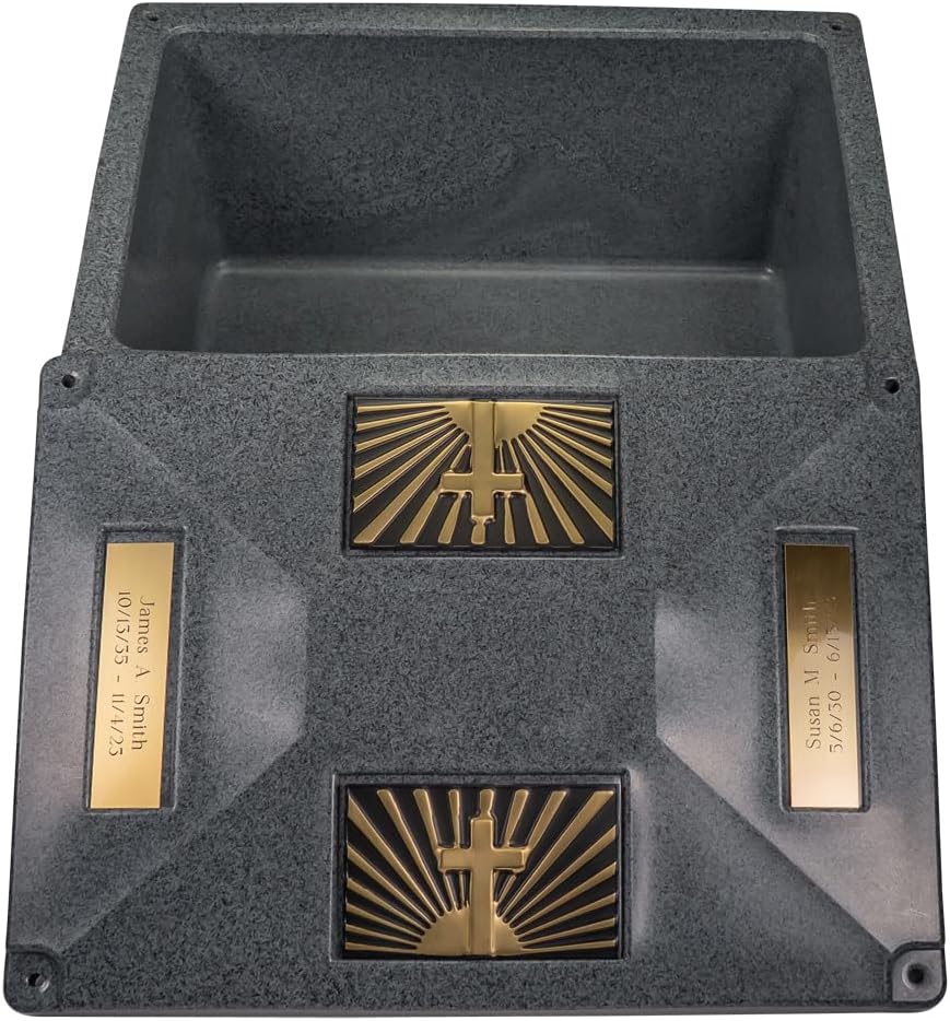 Champion XL Graystone Urn Vault - Cross & Ray, Extra Large Urn Vault for Ground Burial, Holds Variety of Cremation Urn Sizes for Human Ashes, Durable and Secure for Cemetery Burial