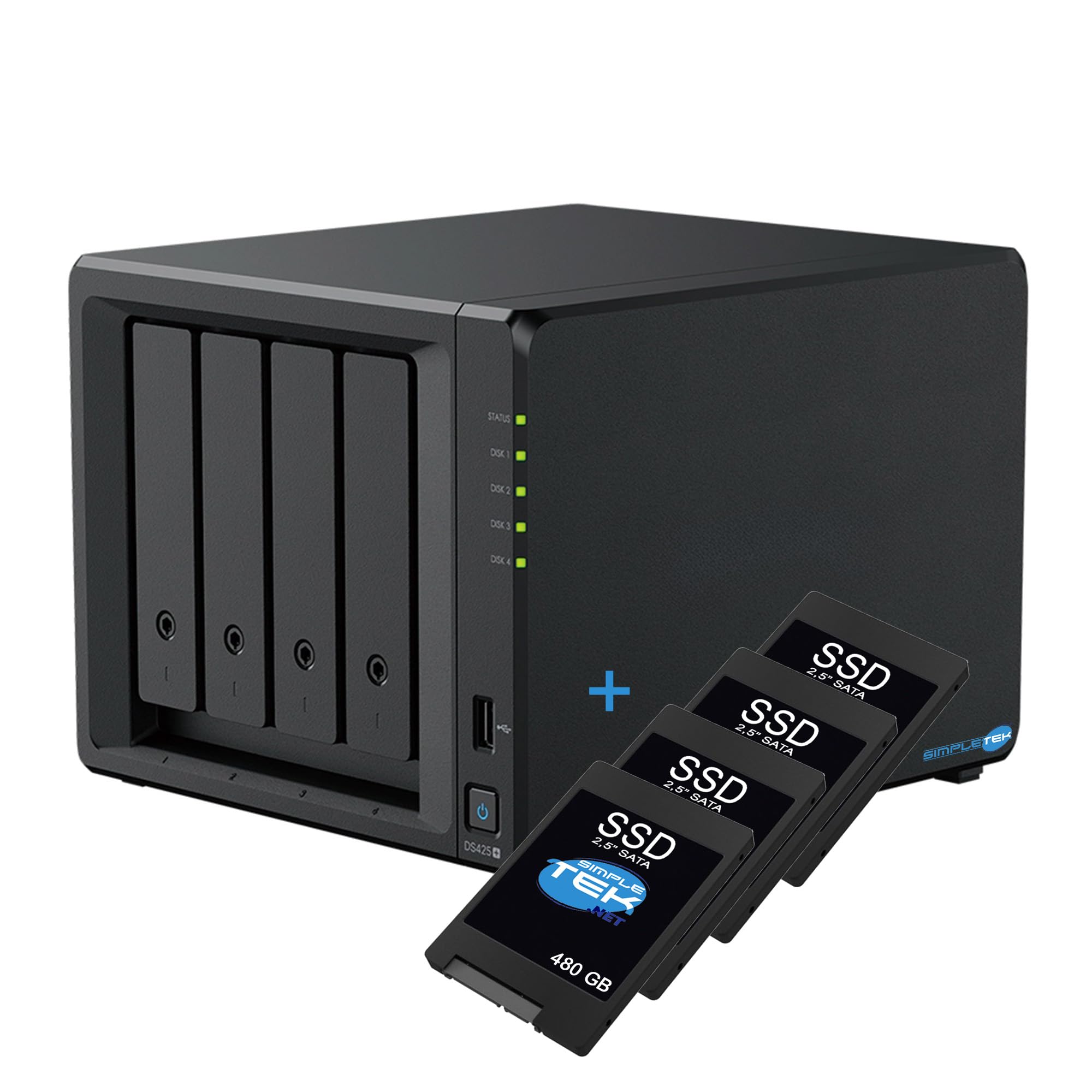 SIMPLETEK - Server NAS 4 Vani 4x480GB SSD 2GB RAM 2.5 GbE (Ricondizionato) | Server NAS di archiviazione a 4 vani con 4 SSD da 480GB inclusi, 2GB RAM, LAN 2.5 GbE e slot NVMe per uso casa e ufficio.