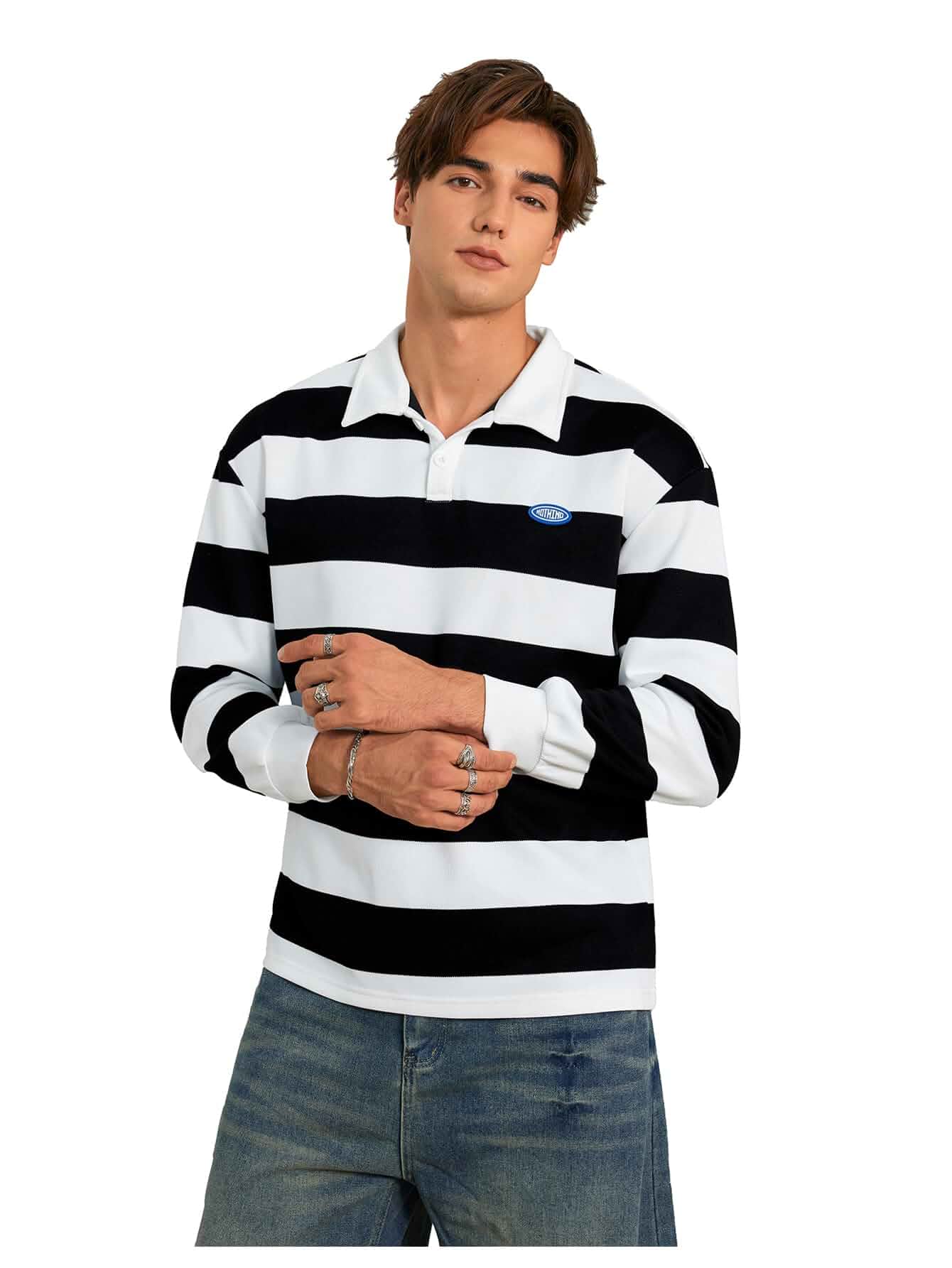SweatyRocks Men's Rugby Striped Long Sleeve Pullover Sweatshirt Shirts Collared Preppy Oversized Drop Shoulder Sweatshirt, Fall Outfits, Graphic Streetwear Clothes