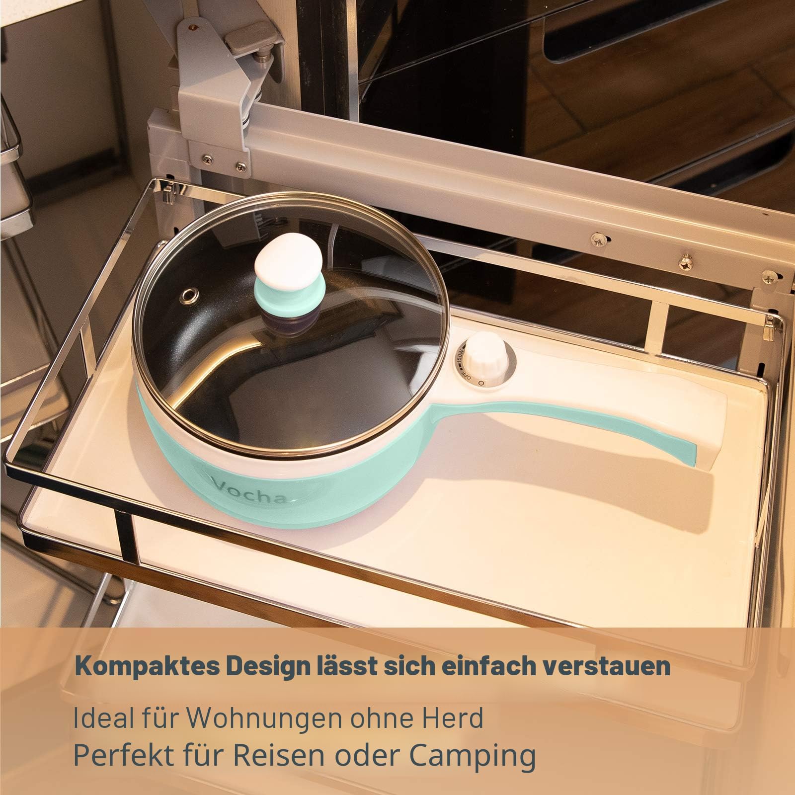 Vocha Elektrische Pfannen, 1,5 L Kleine Hot Pot, Antihaft Elektro Bratpfanne für Reise/Wohnheim, Tragbarer Multi Kocher mit Dual Power Contro (Grün)