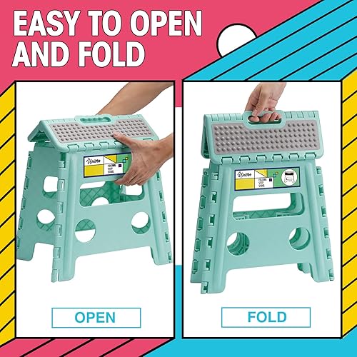 Miniatura 11 de Taburete plegable de 13 pulgadas, taburete plegable para adultos y niños, soporta hasta 300 libras, taburete antideslizante con asa, taburete