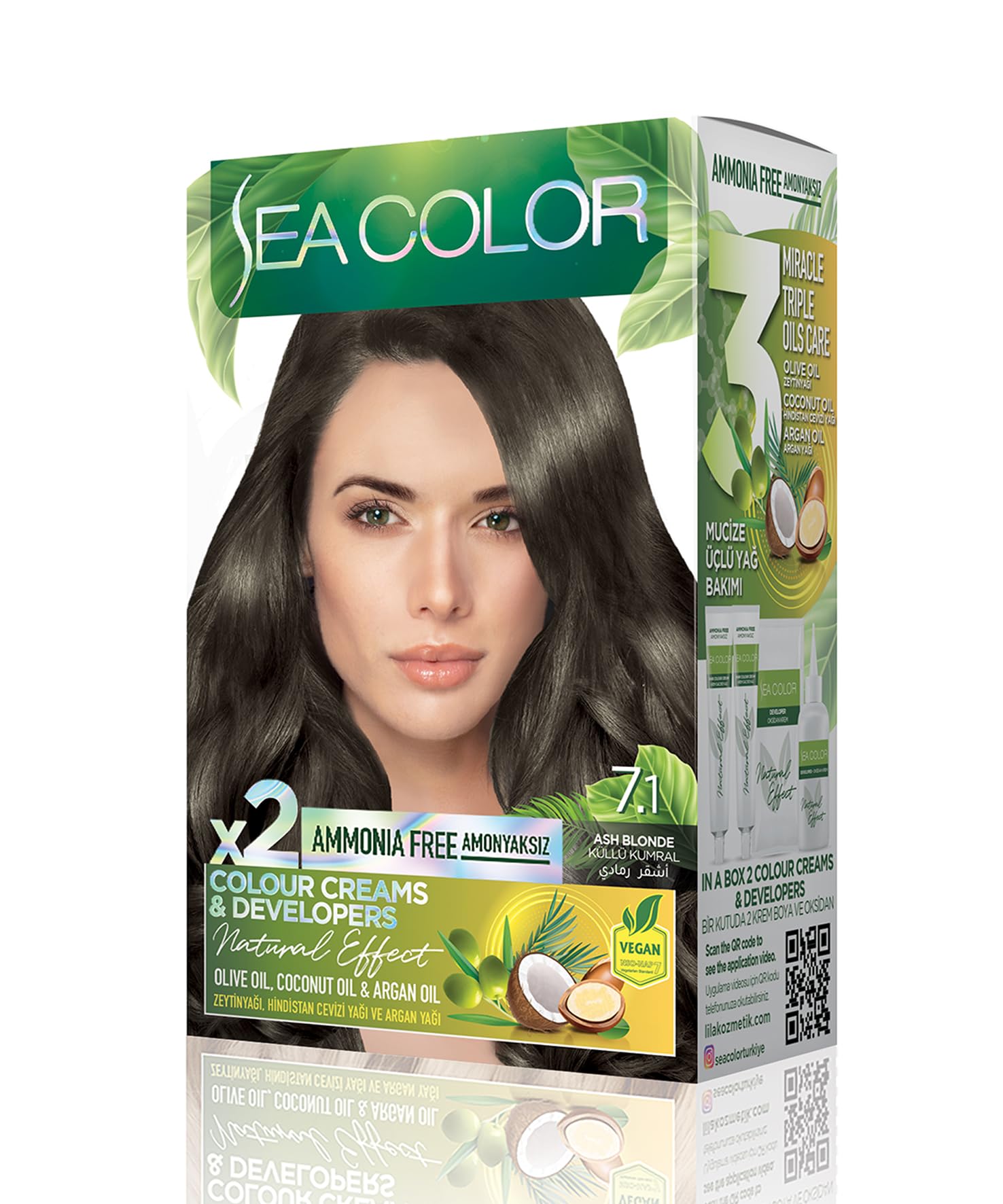 SEA COLOR Amonyaksız, Vegan, Doğal, Besleyici Kalıcı Saç Boyası%100 Beyaz Kapama (1 PAKET 2 x 50 ml Boya & OKSİDAN) (Küllü Kumral 7.1)