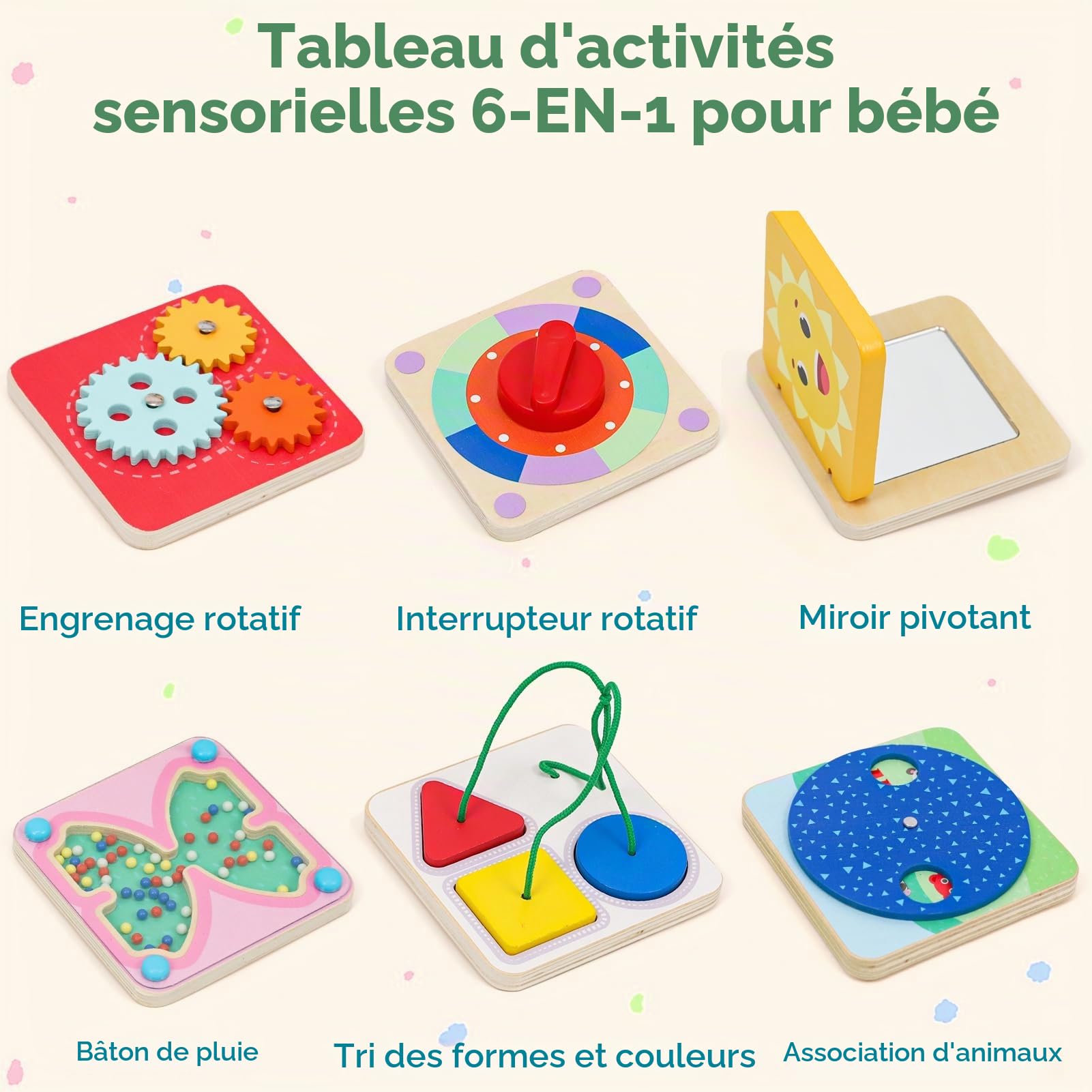Wdmiya Tableau d'Activités Montessori pour Bébé, Jeu Sensoriel en Bois dès 1 an avec 6 Plaques Magnétiques | Jeu de Motricité Portable pour Voyage en Voiture, Cadeau d'anniversaire Garçon Fille