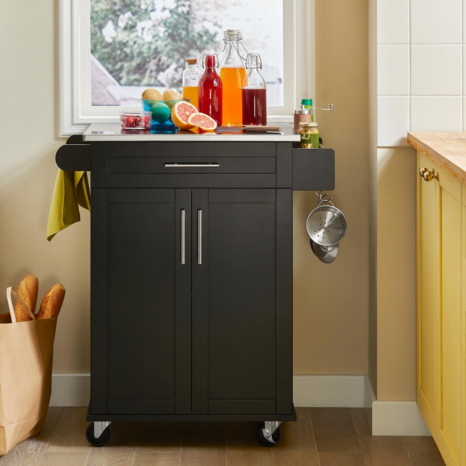 SoBuy Küchenwagen mit Rollen – Küchenwagen mit Arbeitsplatte, Servierwagen, Küchenrollwagen für Küche & Outdoor, Rollwagen Küche mit Schublade und Regal 80×90×46 cm Schwarz FKW110-SCH