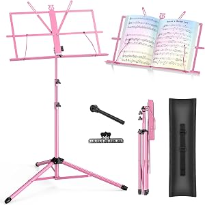 Music Stand New bee Foldable & Portable Metal Sheet Music Stand with Carrying Bag, Adjustable Podium Stand with Tripod Base and Sheet Music Folder - Pink