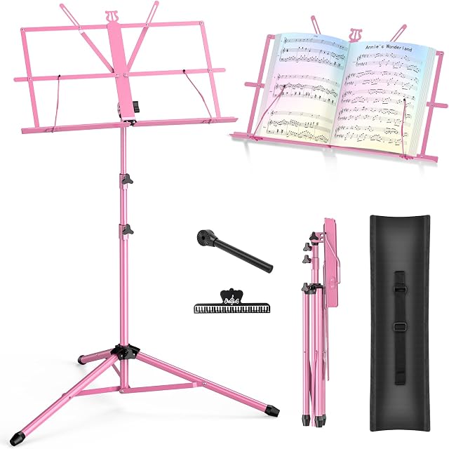 Music Stand New bee Foldable & Portable Metal Sheet Music Stand with Carrying Bag, Adjustable Podium Stand with Tripod Base and Sheet Music Folder - Pink