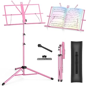 Music Stand New bee Foldable & Portable Metal Sheet Music Stand with Carrying Bag, Adjustable Podium Stand with Tripod Base and Sheet Music Folder - Pink
