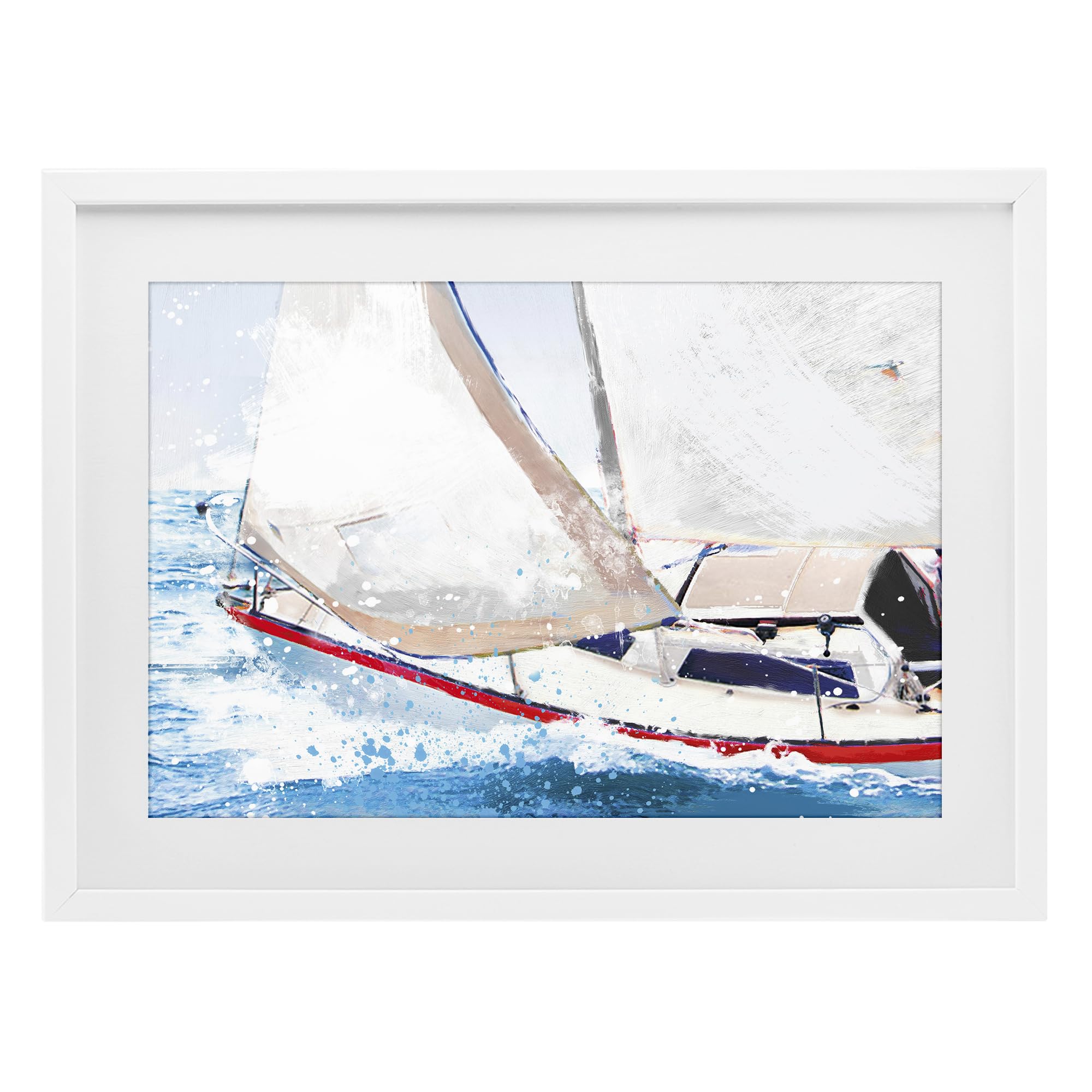 Stupell Industries Coastal White (Textured) 'Sailboat Racing Through Blue Waves'| Framed Print Under Glass