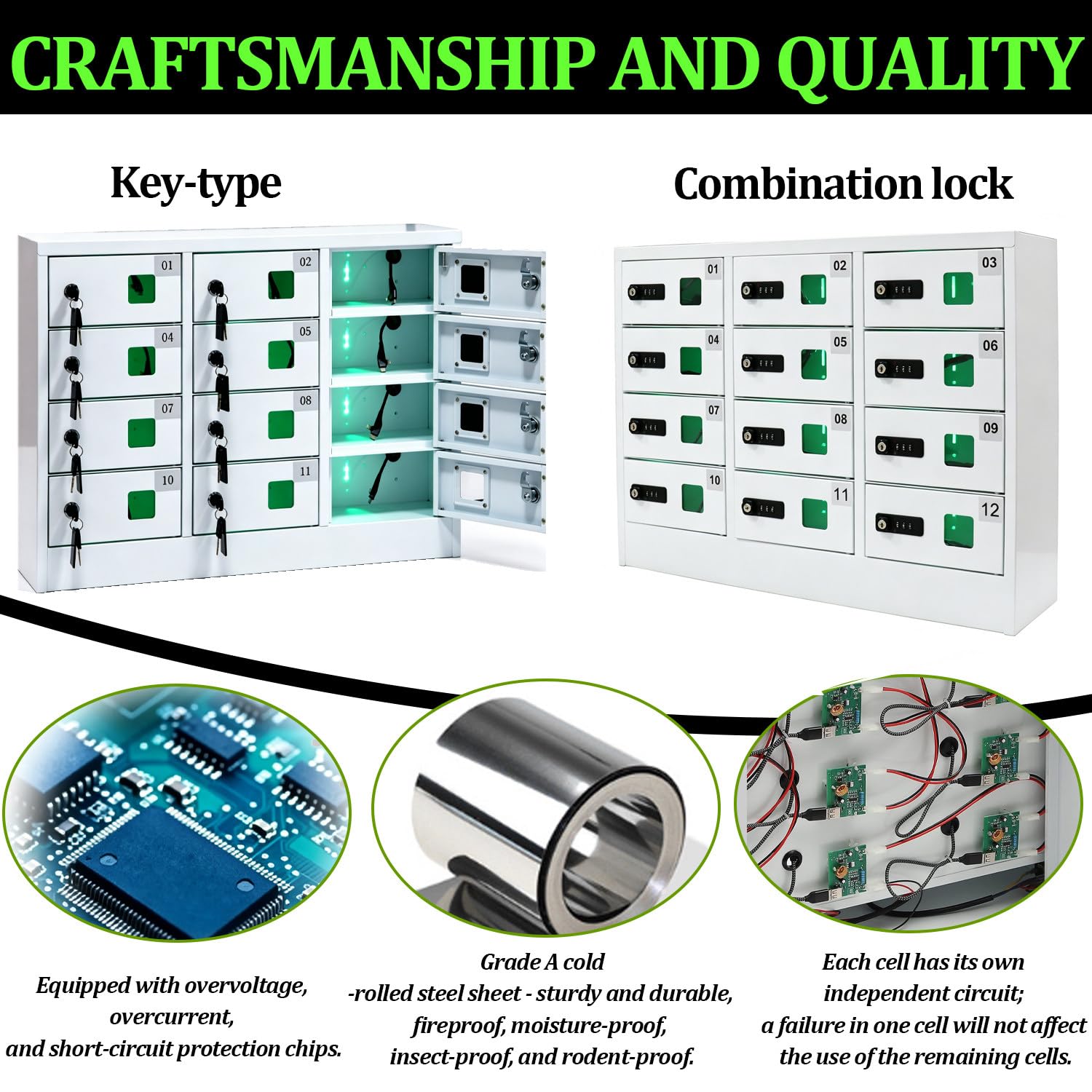 Armadietto per cellulari con Serratura a Chiave/Combinazione Opzionale, 12 Scomparti, Montaggio a Parete, con Cavi di Ricarica Separati, Ideale per cliniche e Laboratori. Key