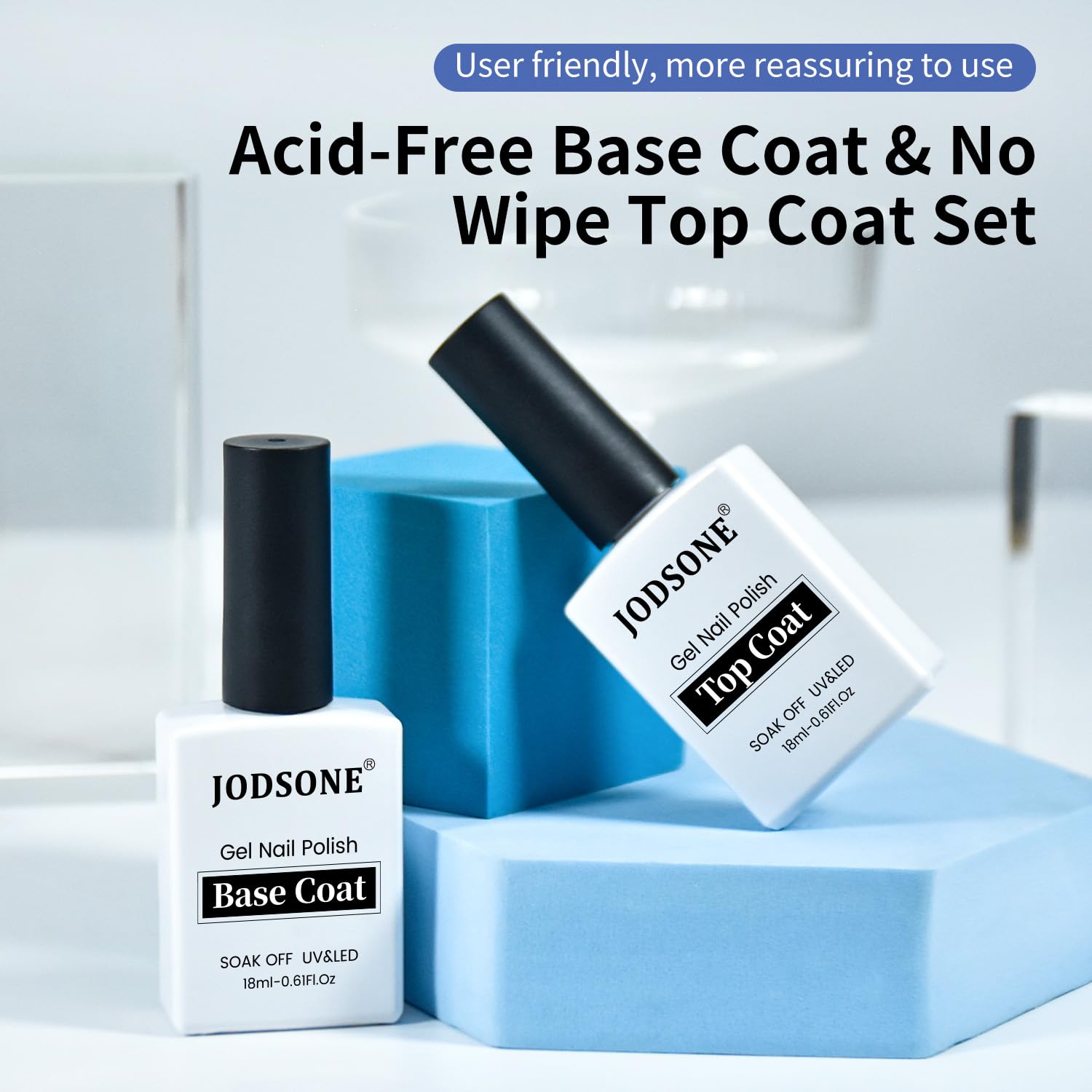 JODSONE 2 Bottles 18ml Top Coat Base Coat Gel Polish Set Compatible for Nail Salon Bright Surface, Girl Gift and At Home DIY Need U V Lamp Curing