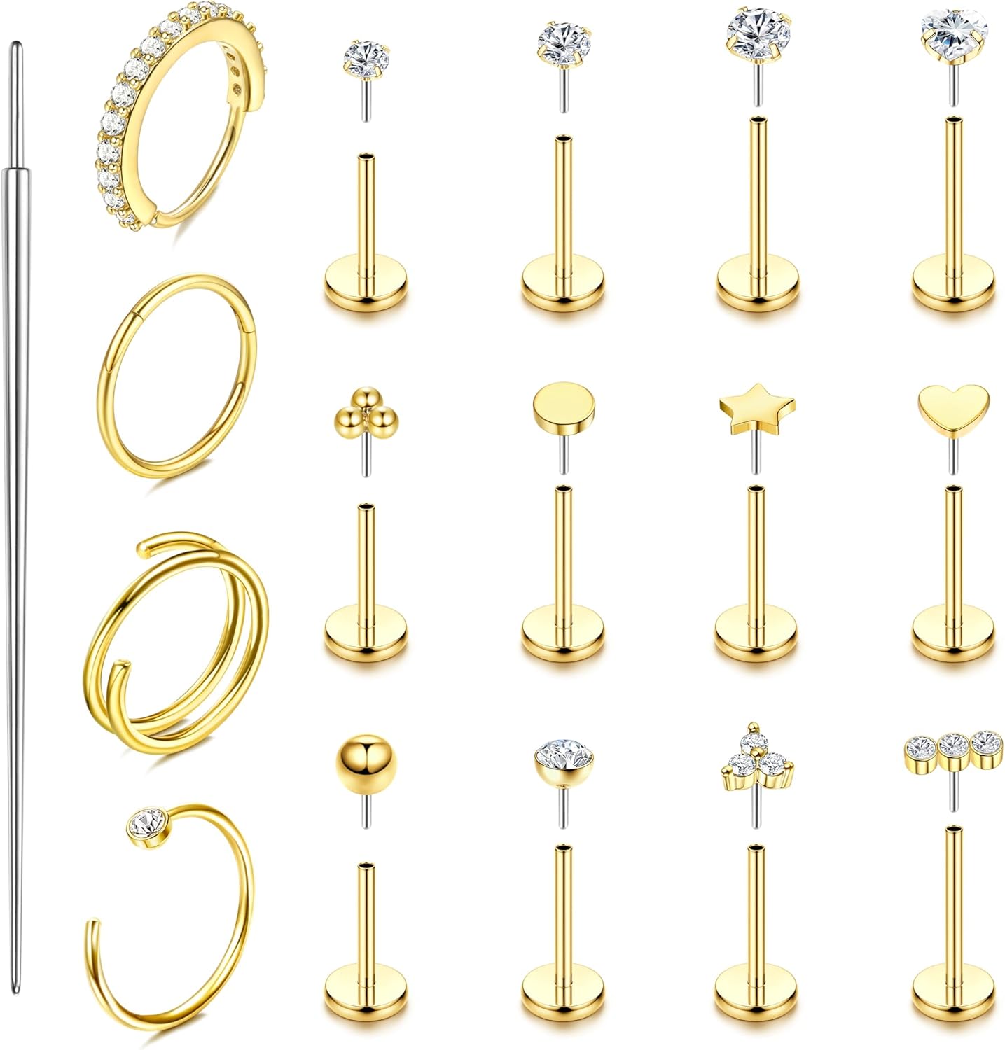 ORAZIO 14K Gold Filled Nose Rings Studs Hoops for Women Men 20G 18G Hypoallergenic Surgical Steel Push in Threadless Flat Back Earrings CZ Helix Tragus Lip Cartilage Medusa Nostril Piercing Jewelry