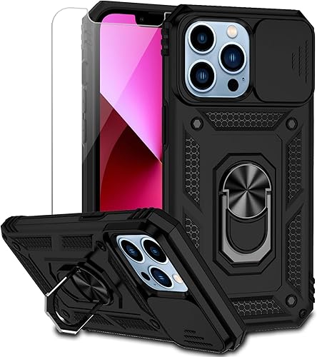 Funda para iPhone 13 Pro Max con cubierta para lente de cámara, protector de pantalla HD, protección contra caídas de grado militar, soporte de