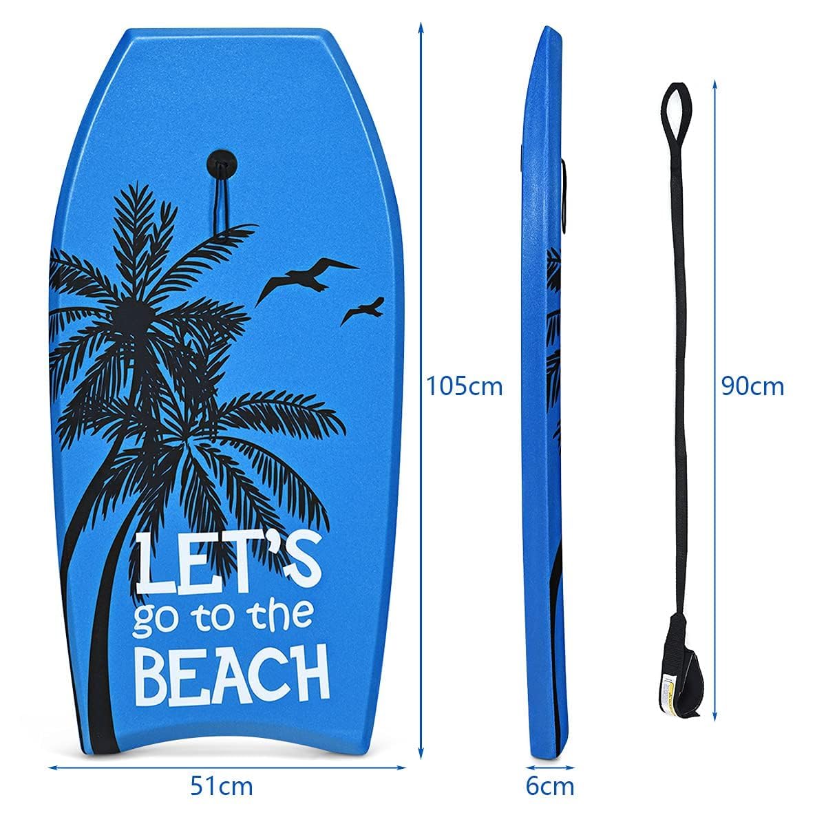 GYMAX Surfbrett 105 x 51 cm, Schwimmbrett mit Zugseil, max. Belastung: 85 kg, Bodyboard Surfboard mit EPS Schaumstoff-Kern, für Kinder & Erwachsene
