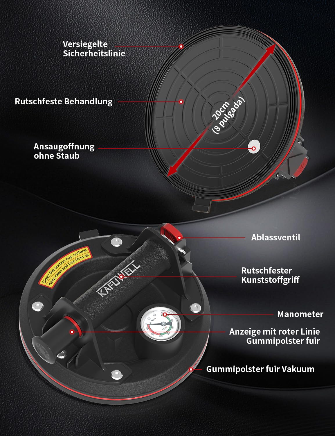 2er-Set Saugheber mit Manometer, Ø 200mm, Tragkraft Max. je 200KG