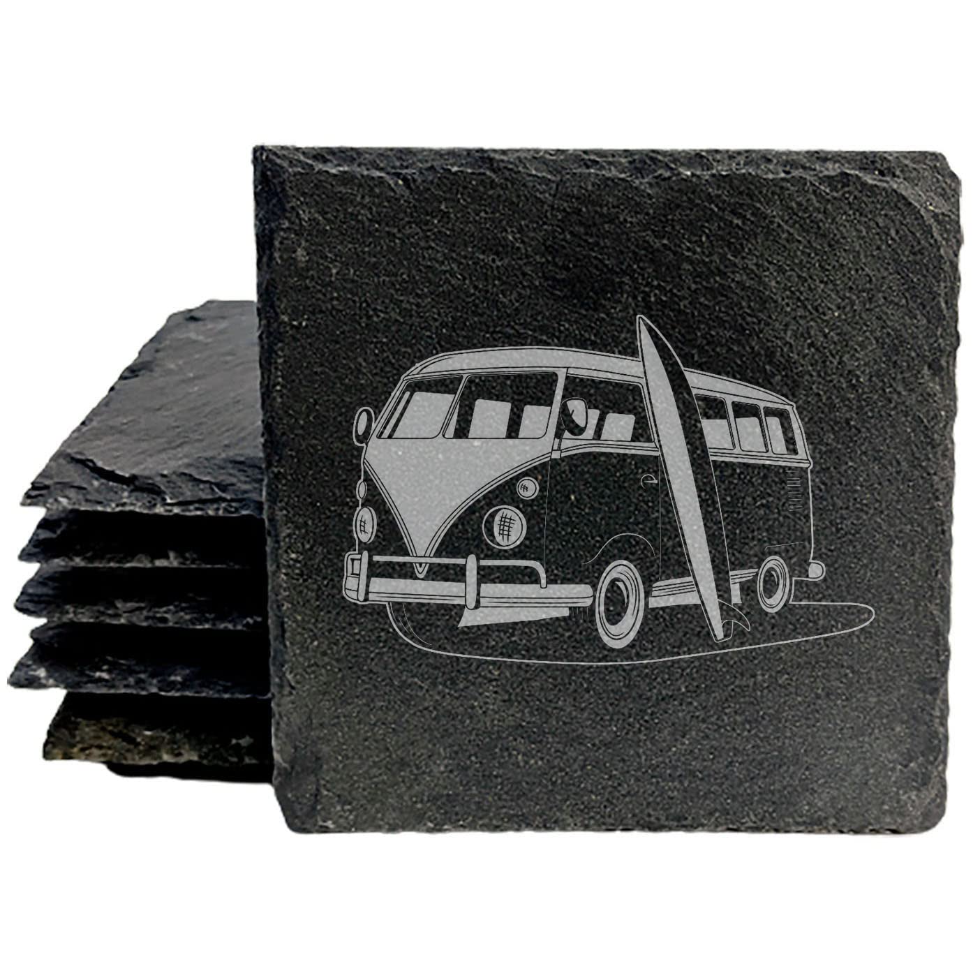 Surf's Up! Vintage VW Bus Slate Coasters - Laser-Etched Design for Beach Vibes & Protection - Set of Stylish Drink Coasters - Square Slate - set of 8