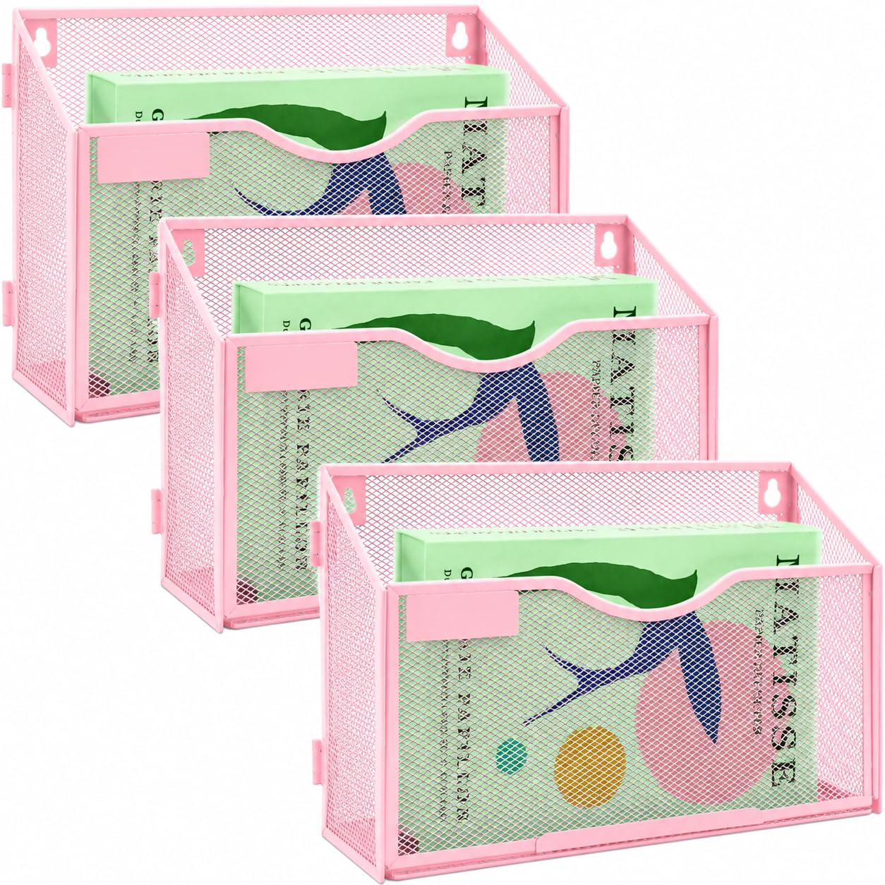 IOUGDSEC 3 Packs 1 Tier A4 Mesh in Tray Hanging Wall File Holder Magazine Document Holder Mail Organiser Magazine Storage Rack,Durable Metal Mesh Filing Storage, Pink