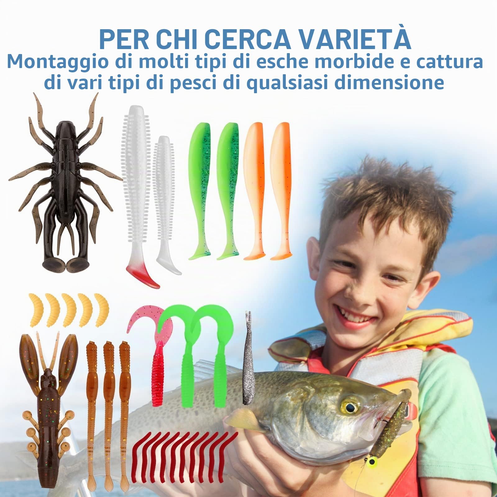 TRUSCEND Set di Esche da Pesca con Scatola per Luccio, Spigola, Trota, Sgombro, Kit di Accessori per la Pesca in Mare, Include Esche in Plastica Morbida, Esche Spinnerbaits, Crankbait, Testa
