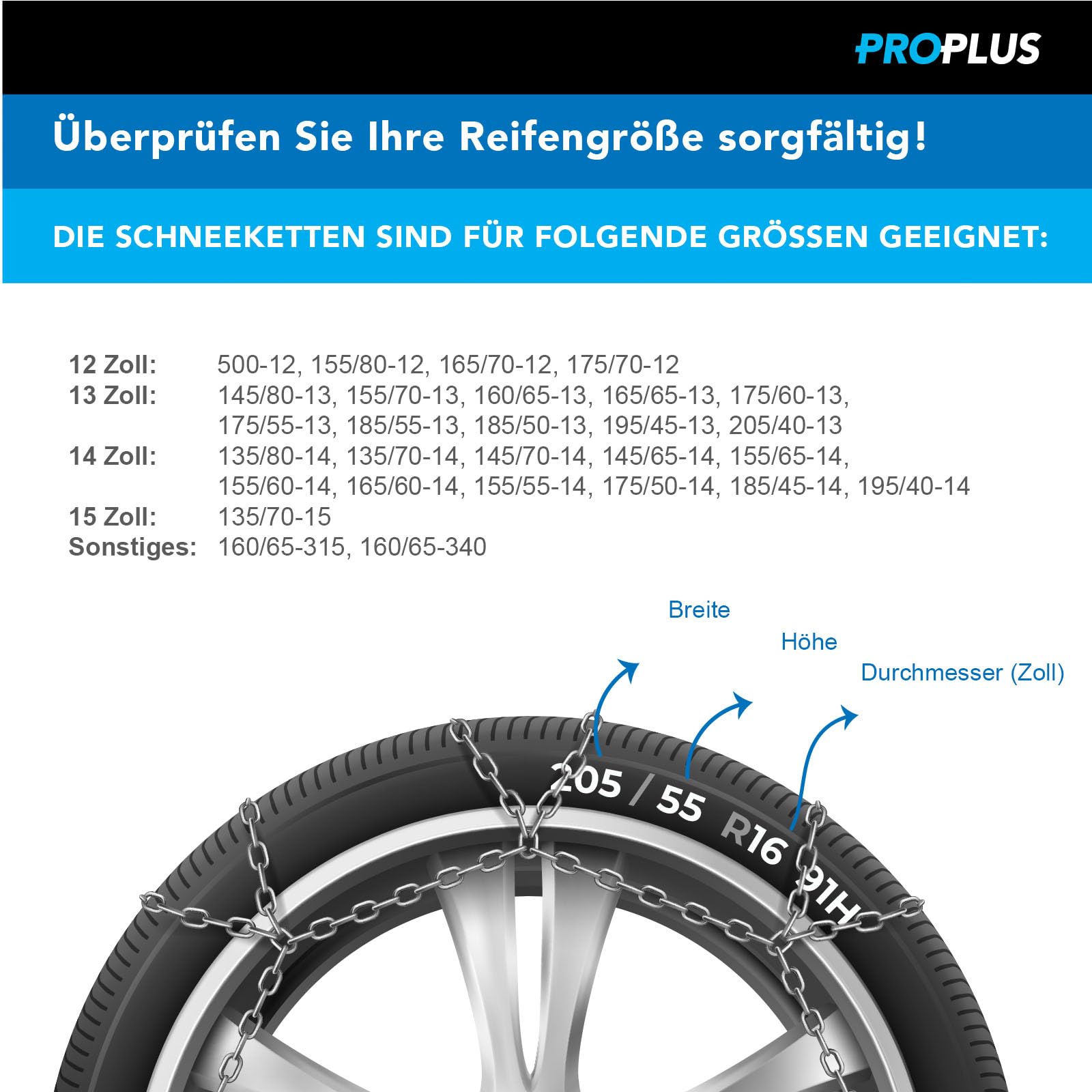 ProPlus Schneeketten KNN30 9mm breite Kettenglieder mit ÖNORM Siegel für verschiedene Reifengrößen inklusive Reparaturglieder und Koffer - Autokette - 2 Stück