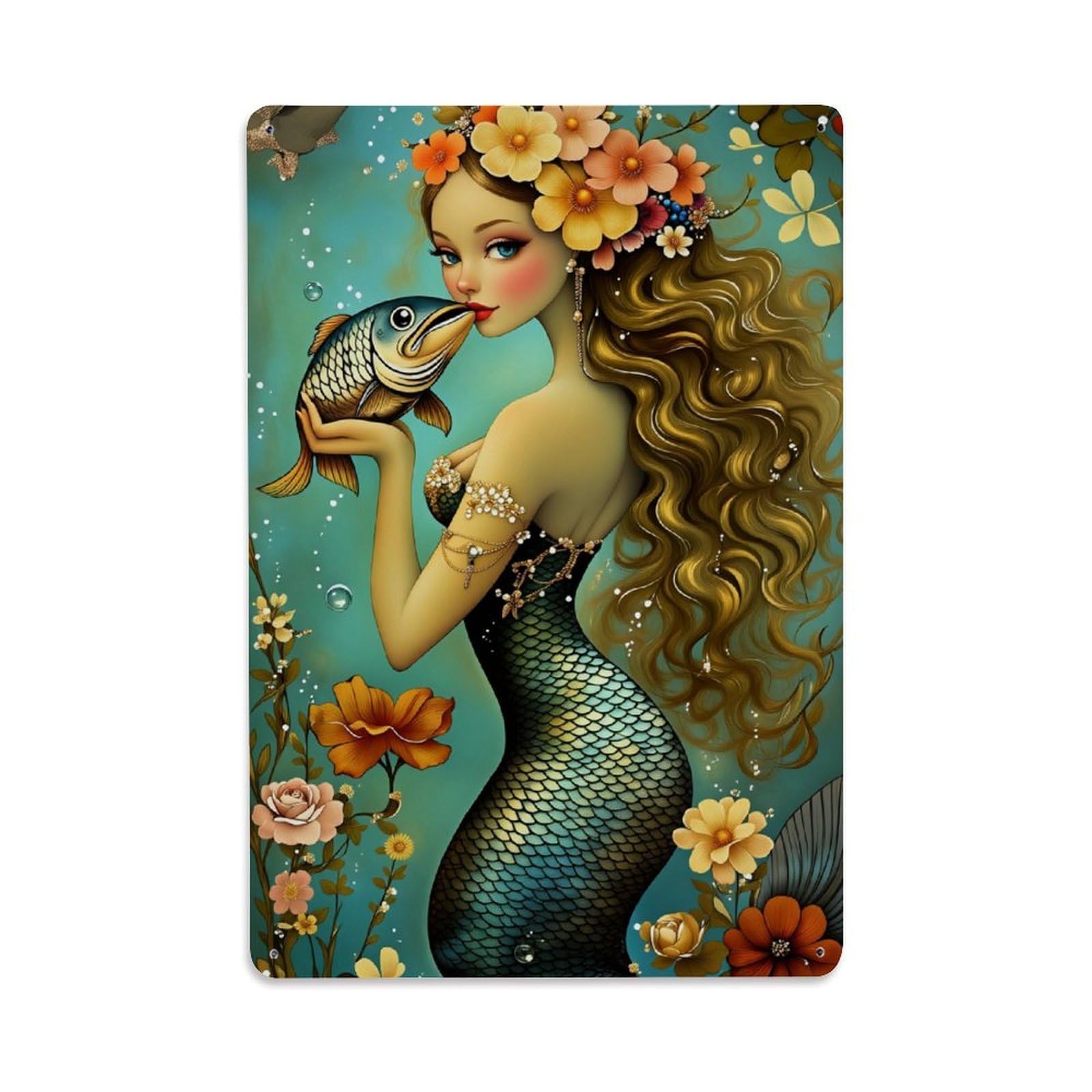 Enderetf Vintage Mermaid Floral Fish Pearl Ocean Tin Sign Metal Poster, Home Bar Garage Man Cave Cafe Indoor & Outdoor Wall Decoration 8X12inches