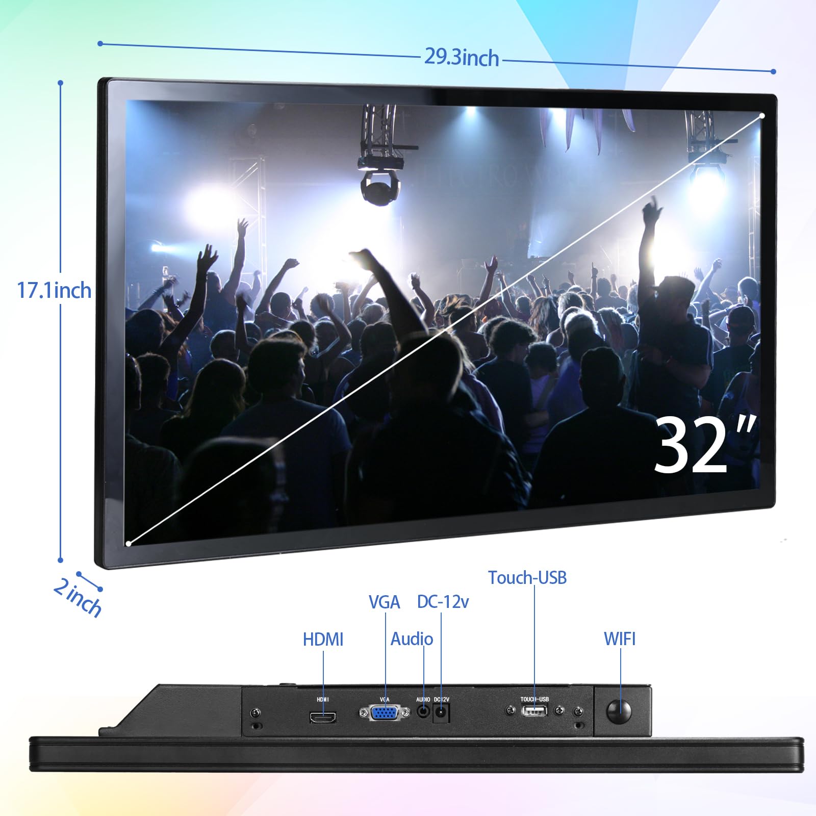 Monitor industrial multitáctil capacitivo de 32 pulgadas, altavoces integrados, puertos USB, VGA, DVI y HD-MI, pantalla 16:9 y 1920 x 1080P, reproductor de pantallas de señalización digital