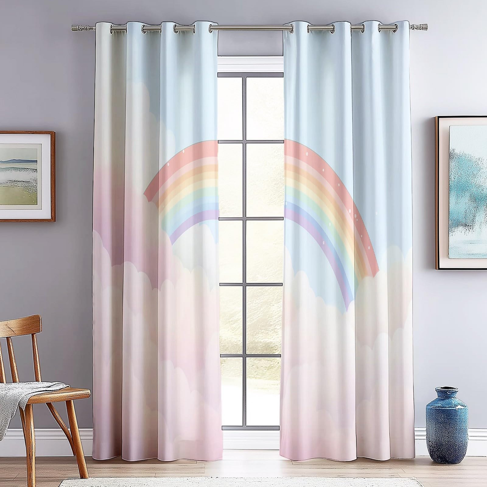 Rideaux Longs 140L X 260H cm (2 Panneaux), Onirique Nuages Imprimé, Tissu Occultant Épais pour Grand Salon et Loft, Rose