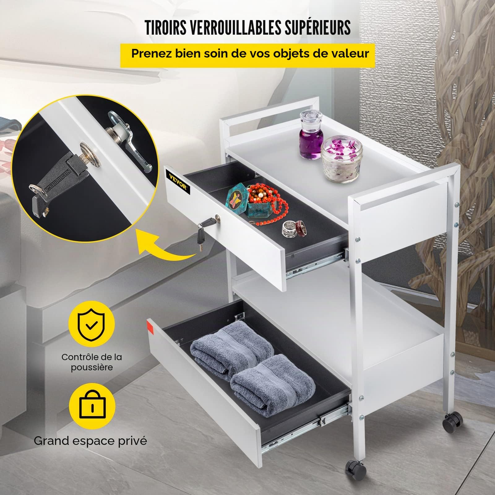 VEVOR Chariot de Laboratoire 2 Niveaux, Chariot Médical en Acier Inoxydable, Chariot de Service Grande Capacité de Charge 100 kg, avec 2 Tiroirs, pour Laboratoire Salon Hôpital, Usage Dentaire, Blanc