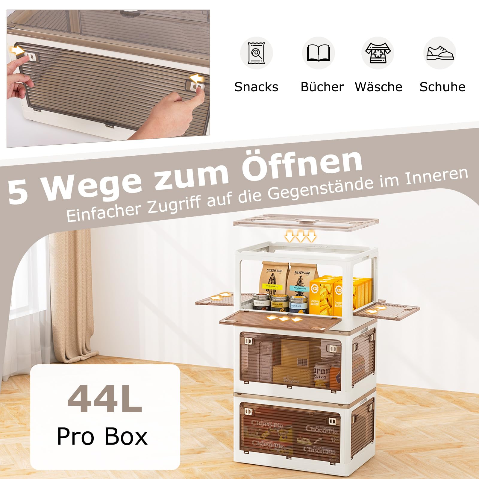 COSTWAY 132L Aufbewahrungsboxen mit Deckel, von 5 Seiten zugänglich, 3er Set Stapelboxen auf Rollen, Aufbewahrungskisten klappbar, Kunststoff, sicher Verschluss, transparent