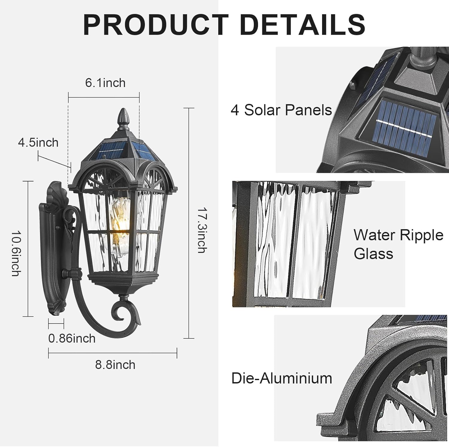 Solar Outdoor Wall Lights Exterior, Wall Mounted Lights with Remote Dusk to Dawn LED Solar Sconces Porch Lighting Waterproof Outside Lights for House Patio Doorway Porch Walkway, Black