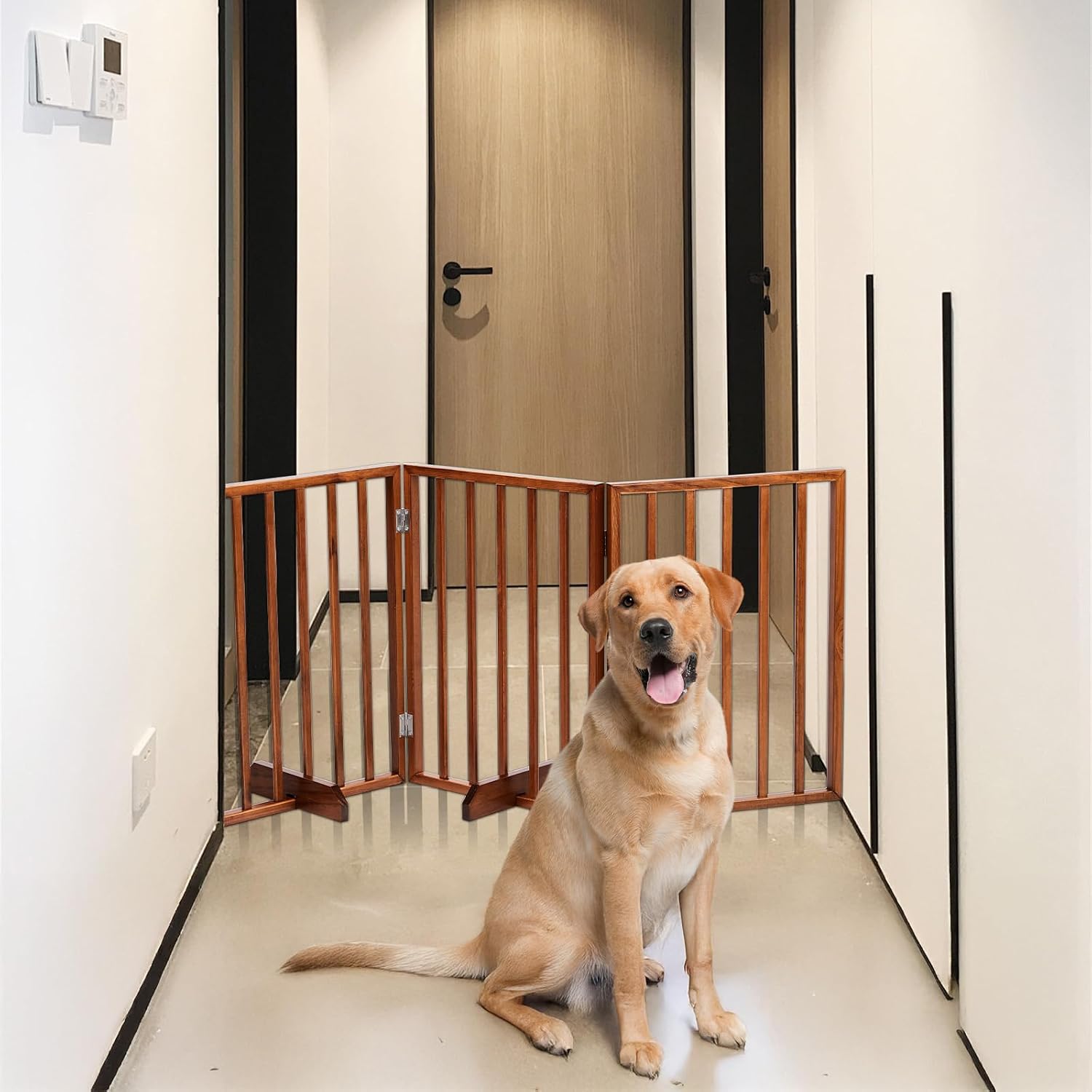 Outvita Freestanding Dog Gate, 24" H Foldable Wooden Pet Barrier Fence,4-Panel Extra Wide Pet Fence with Support Feet for Stairs，Hallways,Doorways(Brown)