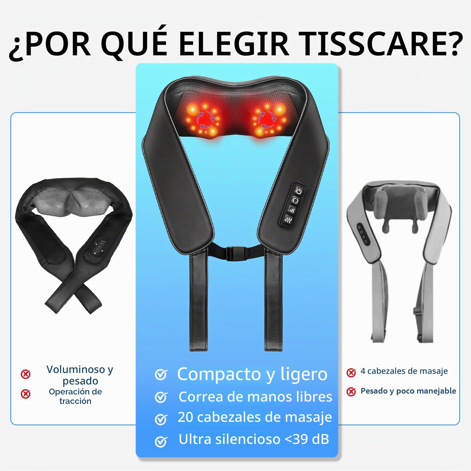 TISSCARE Masajeador de Cuello y Espalda con Calor, Cinturón Ajustable para Masaje Manos Libres, Masajeador Shiatsu 3D para Hombros, 20 Nodos, para Piernas Lumbar, Casa Oficial Coche