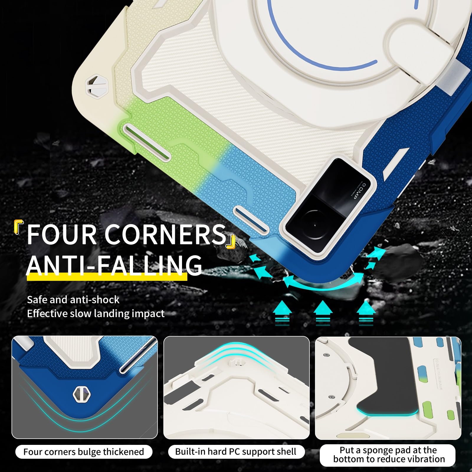 Custodia protettiva resistente per Xiaomi Redmi Pad da 10,6 pollici, supporto girevole a 360°, tracolla, portapenne e anello per impugnatura, copertura antiurto, per bambini e adulti (blu