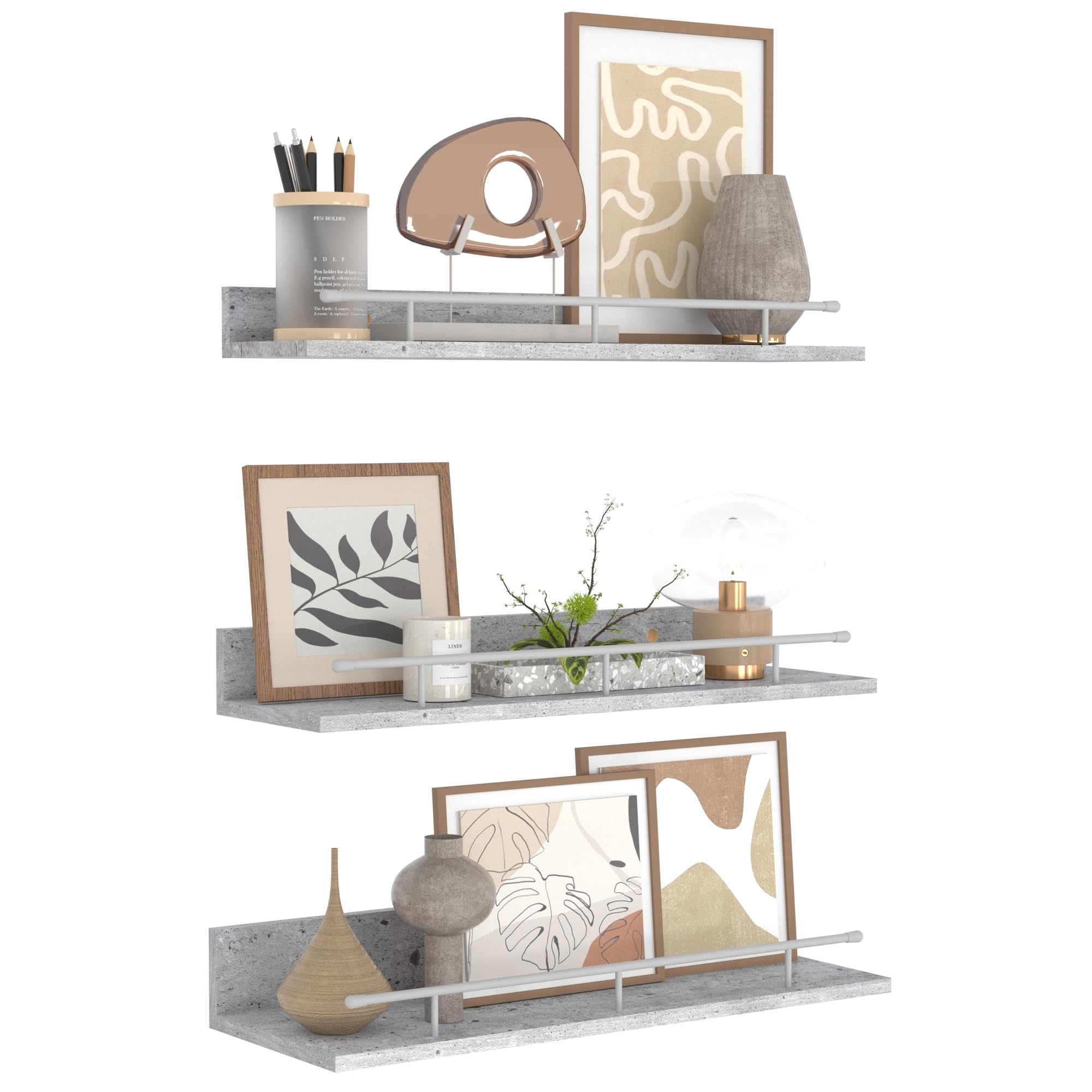 RLAVBL Conjunto de Estantería de Pared de Madera de Color Gris con Barrotes de Hierro Plata, Juego de 3 Baldas Pared de Diferentes Tamaños, 40cm - Ideal para Almacenamiento en Cocina, Baño y Salón.