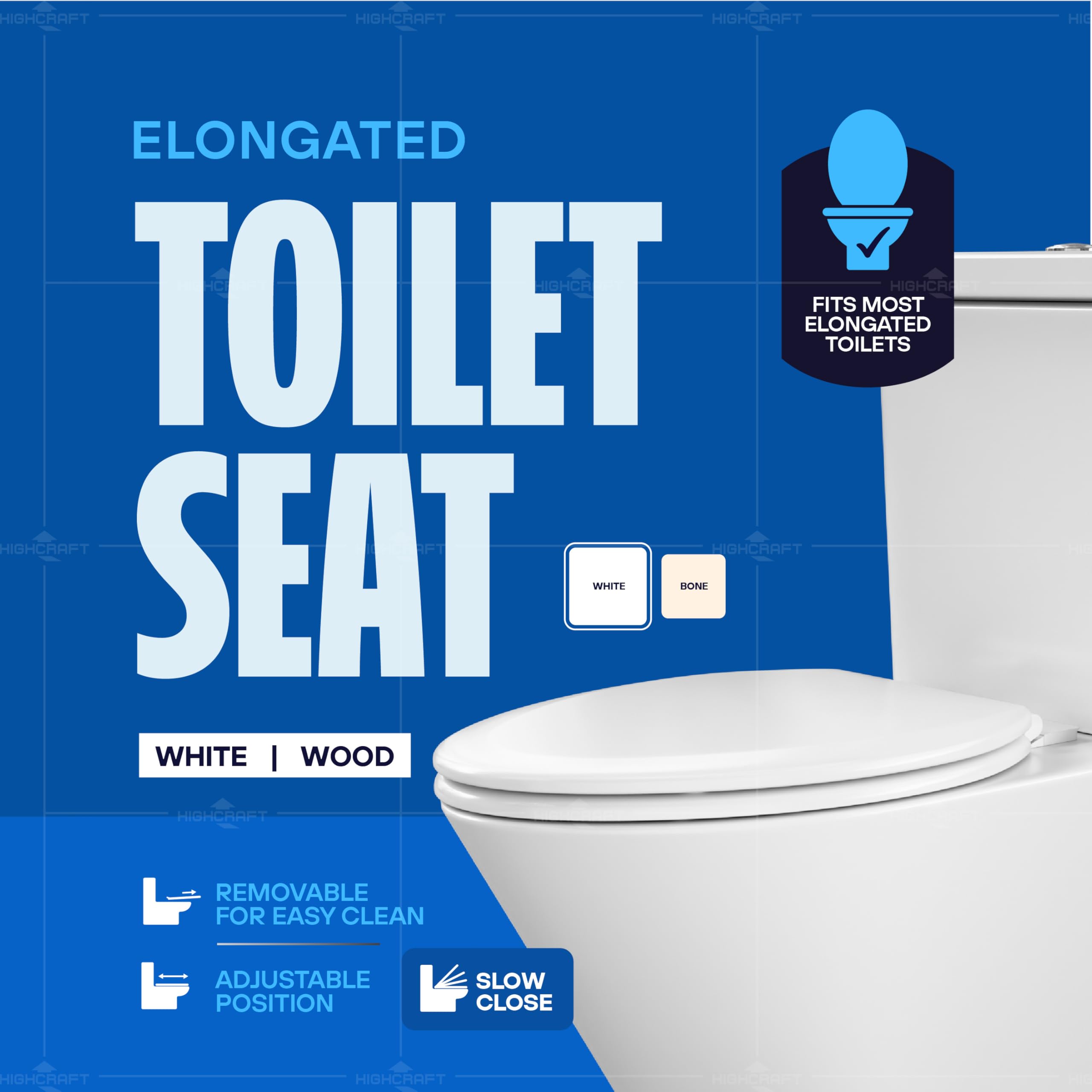 Highcraft W4TSWE Asiento de inodoro alargado de madera moldeada de cierre lento, fácil de quitar, bisagra ajustable, color blanco